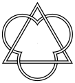 Three interlocking circles with a triangle in the centre, the full, interlocking lines of each now shown.