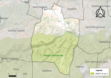 Carte de la ZNIEFF de type 2 sur la commune.