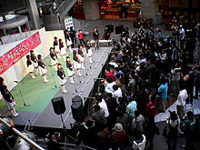 Overhead photo of group of girls onstage