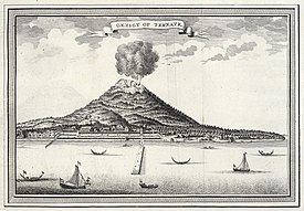 A drawing of a volcano erupting orange lava and black smoke into the air with a body of water in the foreground and ships sailing in it.