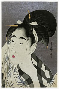 Woman wiping sweat, at and by Utamaro (edited by Durova)