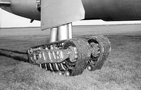 Convair B-36 Peacemaker with experimental caterpillar landing gear, by the United States Air Force (edited by Slashme)