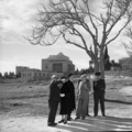 Mordechai Ish-Shalom and Yitzhak Ben-Zvi standing across from Heichal Shlomo, 1959