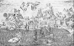 Illustration of the city of Corfu from 1488. The image shows many houses, a castle, the sea and ships.