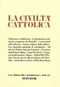 Couverture jaune clair de la Civiltà Cattolica. Le titre de la revue en gros caractères bruns sur deux lignes occupent le bas du premier quart du haut de la page. Au centre les articles du numéro sur 9 lignes en plus petits caractères centrés. En bas mois, année, périodicité (Quindicinale : la revue paraît tous les 15 jours), et le nombre d'années de parution (157).