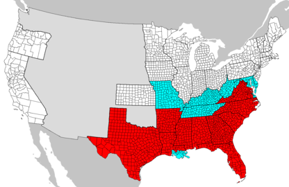 Lincoln's Emancipation Proclamation only freed slaves in the red states on this map. It did not affect slaves in blue states (1863)