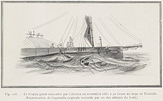 #18 (30/11/1861) The French corvette Alecton attempts to capture a giant squid off Tenerife on 30 November 1861. Reproduction of the original watercolour by officers of the Alecton, from Bourée (1912:115, fig. 108).