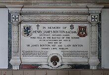 Memorial to Henry James Boyton (died 1916), the only son of Sir James Boyton, showing his family arms (top left)