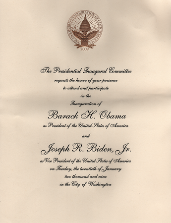 הזמנה לטקס השבעתו של ברק אובמה לנשיאות