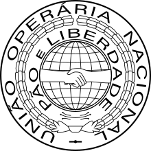 Logo of the National Workers' Union, featuring two hands shaking in front of a globe