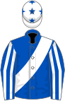 Royal blue, white sash, striped sleeves, white cap, royal blue stars