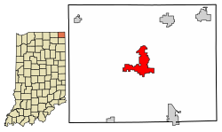 Location of Angola in Steuben County, Indiana.