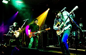 The Automatic performing in 2008, left to right: Paul Mullen, Robin Hawkins, James Frost and Iwan Griffiths.