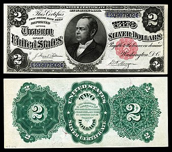 Two-dollar silver certificate from the series of 1891, by the Bureau of Engraving and Printing