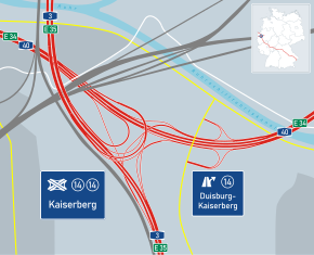 Karte vom Autobahnkreuz Kaiserberg mit der Streckenführung nach dem Umbau ca. 2030