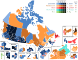 Results by riding. Shading refers to strength of popular vote.