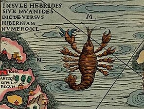 Kraken represented as a Crayfish or Lobster.[189] Monster "M". Carta marina (1539), detail.