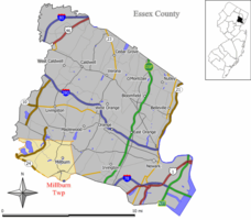 Map highlighting Millburn's location within Essex County. Inset: Essex County's location highlighted within the State of New Jersey.