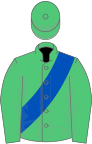 Emerald green, royal blue sash