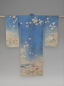 Unlined summer kimono (hitoe) with carp, water lilies, and morning glories, c. 1876