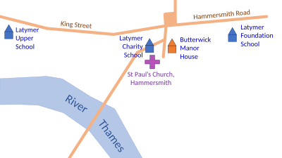 The Latymer Charity School was in the centre of Hammersmith, beside St Paul's church. The later Latymer Foundation School was to the east; the current school is to the west.