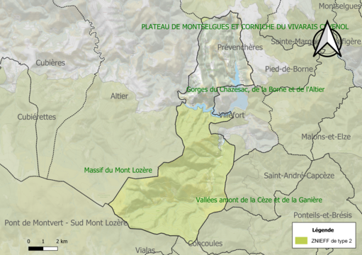 Carte de la ZNIEFF de type 2 sur la commune.