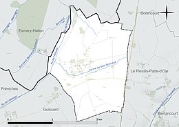 Carte en couleur présentant le réseau hydrographique de la commune