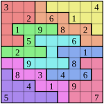 A Sudoku puzzle grid with many colours, with nine rows and nine columns that intersect at square spaces. Some of the spaces are filled with one number each; others are blank spaces for a solver to fill with a number.