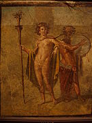 Painting of two people - the figure on the left holds a staff, while the one on the right plays a tamborine.