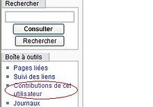 Dans la boîte à outils à gauche d’une page utilisateur, lien vers ses contributions