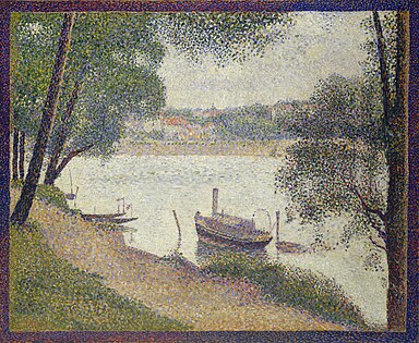 Georges Seurat, Gray Weather, Grande Jatte (1888, 71 × 66 cm, oil on canvas, Metropolitan Museum of Art). In a similar manner to the van Ruisdael piece, the tree that takes up the entire right edge of this work is an example of repoussoir.[2]