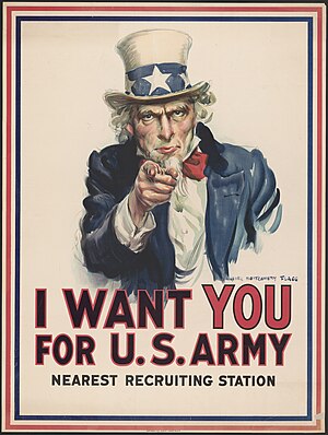 הדוד סם מופיע על כרזה מתקופת מלחמת העולם הראשונה המעודדת גיוס לצבא ארצות הברית.