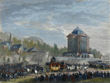 L'arrivée de Louis XVI à Paris, avec le carrosse à cheval du roi entouré par de nombreux soldats devant la barrière du Roule.