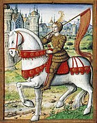 Joan of Arc depicted on horseback in an illustration from a 1505 manuscript. The martyr and saint Joan of Arc is a national hero in France.