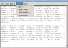 Screenshot of the Leafpad program, showing its graphical user interface and an options dropdown and displaying Lorem ipsum text