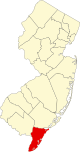 State map highlighting Cape May County
