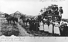 McLaughlin Stagecoach with birthday party, 1880s in Park County, Colorado.