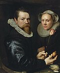 Double Portrait of a Husband and Wife with Tulip, Bulb, and Shells oil on panel painting by Michiel Jansz. van Mierevelt, 1609