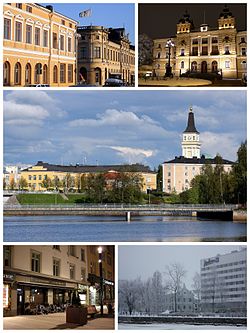 From top, left to right: Rantakatu in downtown Oulu; Oulu City Hall; Lyseo Upper Secondary School and the Oulu Cathedral; Shops along Kirkkokatu; Radisson Blu Hotel along Ojakatu