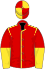 Red, yellow seams, halved sleeves, quartered cap