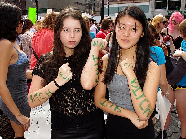 Women at Slutwalk in New York City, with slogans of sexual objectification used for purposes of female empowerment