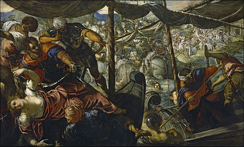 The Rape of Helen by Tintoretto (1578–1579, Museo del Prado, Madrid); Helen languishes in the corner of a land-sea battle scene.[48]