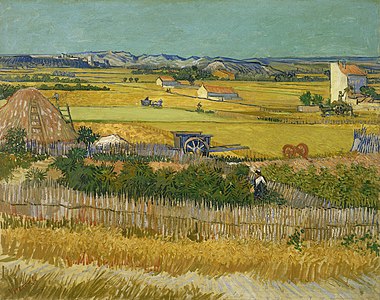 Harvest at La Crau, with Montmajour in the Background at Wheat Fields, by Vincent van Gogh