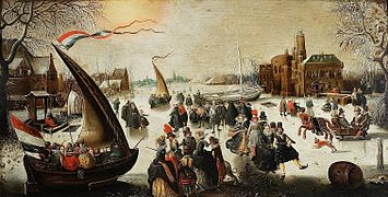 David Vinckboons, Paysage avec patineurs et bateaux glissant sur le canal gelé, années 1610.