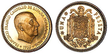 El nombre de "rubias" fue heredado por las monedas de peseta acuñadas con la efigie de Francisco Franco desde 1944 (en bronce-aluminio).[101]​