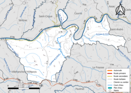 Carte en couleur présentant le réseau hydrographique de la commune