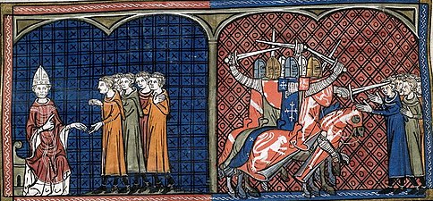 Pope Innocent III launches the Albigensian Crusade against the Cathars (From "Chronicles of Saint-Denis", 14th century)