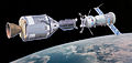 Image 70An artist impression of an American Apollo spacecraft and Soviet Soyuz spacecraft docking, a propaganda portrait for the Apollo–Soyuz Test Project mission (from 1970s)