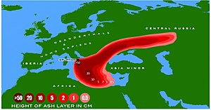 Map of Europe showing a red splotch over the Italian Peninsula stretching out to the east over Central Russia and over the Aegean and Ionic Seas, 50 cm of ash centring, decreasing to 10 cm beyond, and steadily decreasing to 0