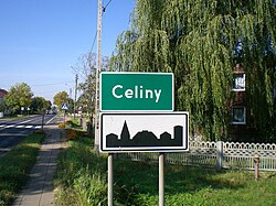 Nameplate at the entrance to Celiny on the National Road 78
